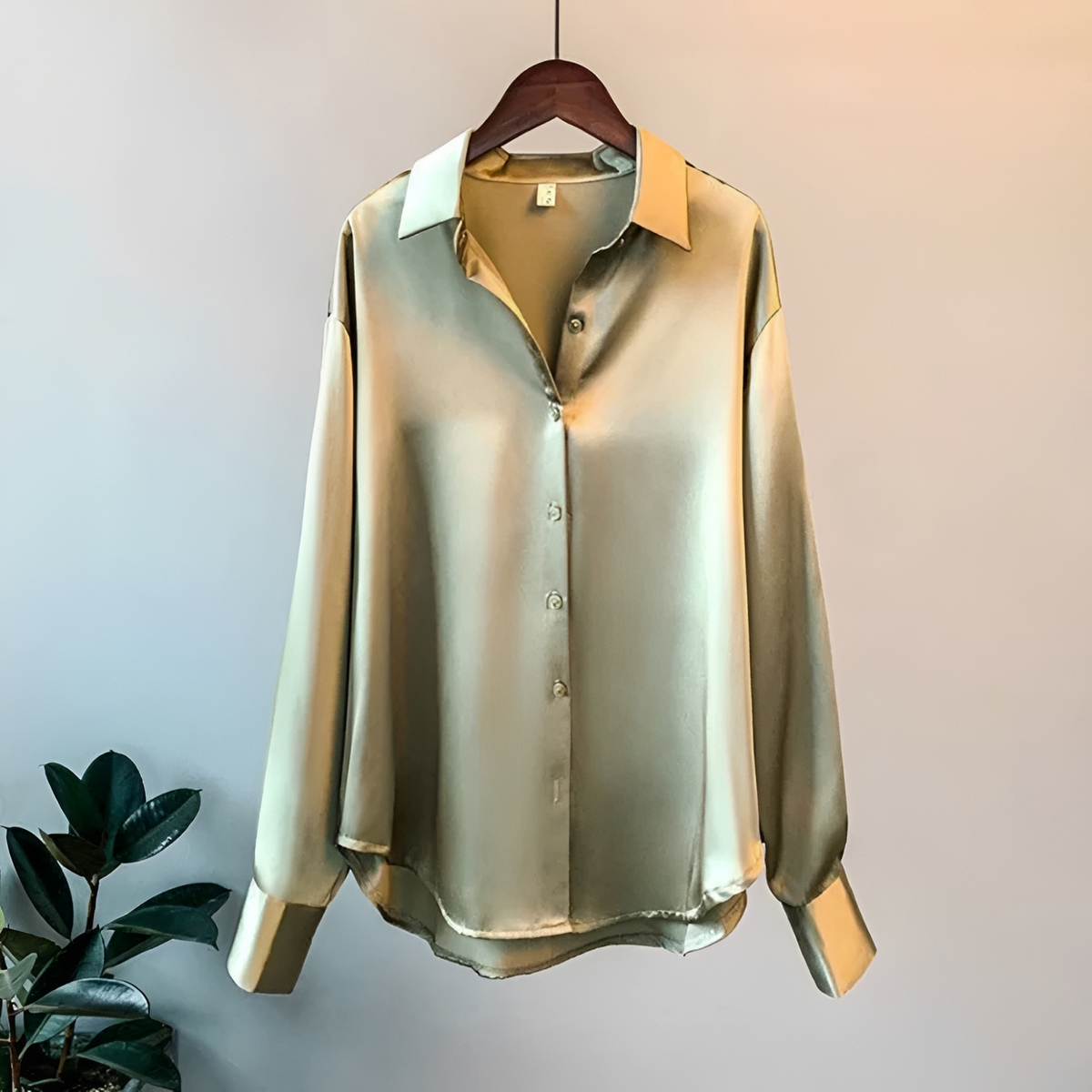 Blusa feminina com colar clássico, manga longa, fechamento de botões e caimento relaxado
