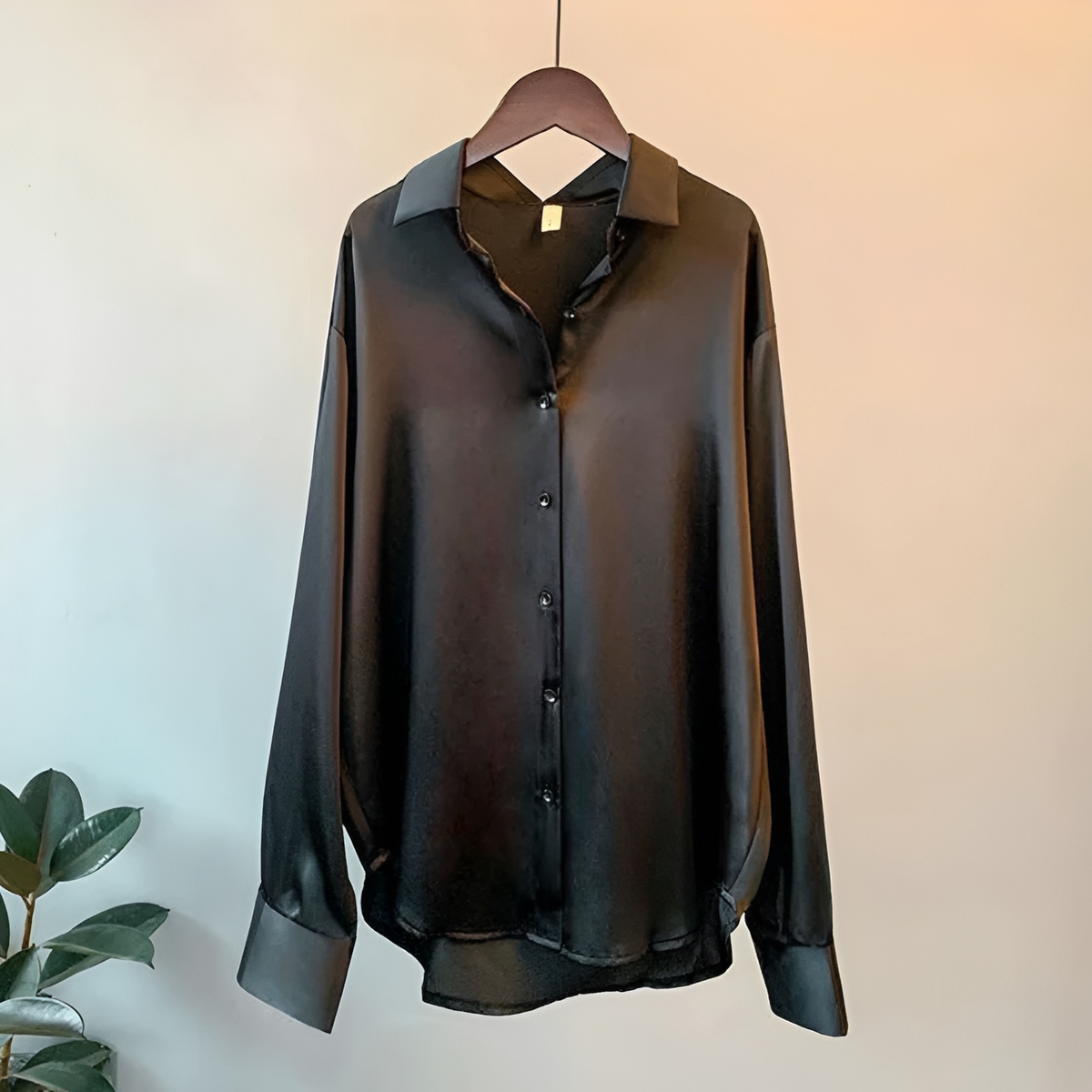Blusa feminina com colar clássico, manga longa, fechamento de botões e caimento relaxado