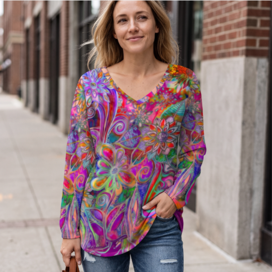 Blusa feminina com decote em V, caimento relaxado, manga curta, estampa floral, barra com fenda lateral