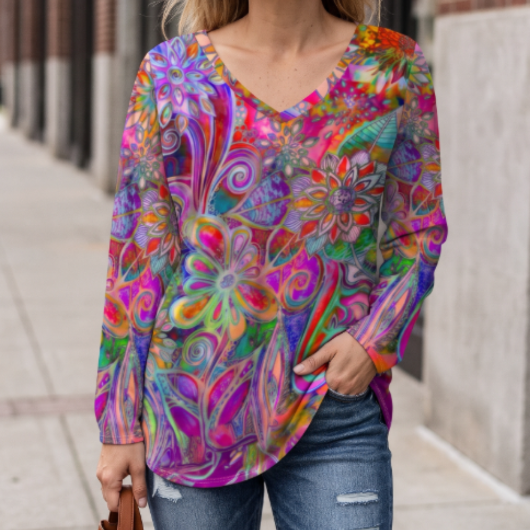 Blusa feminina com decote em V, caimento relaxado, manga curta, estampa floral, barra com fenda lateral