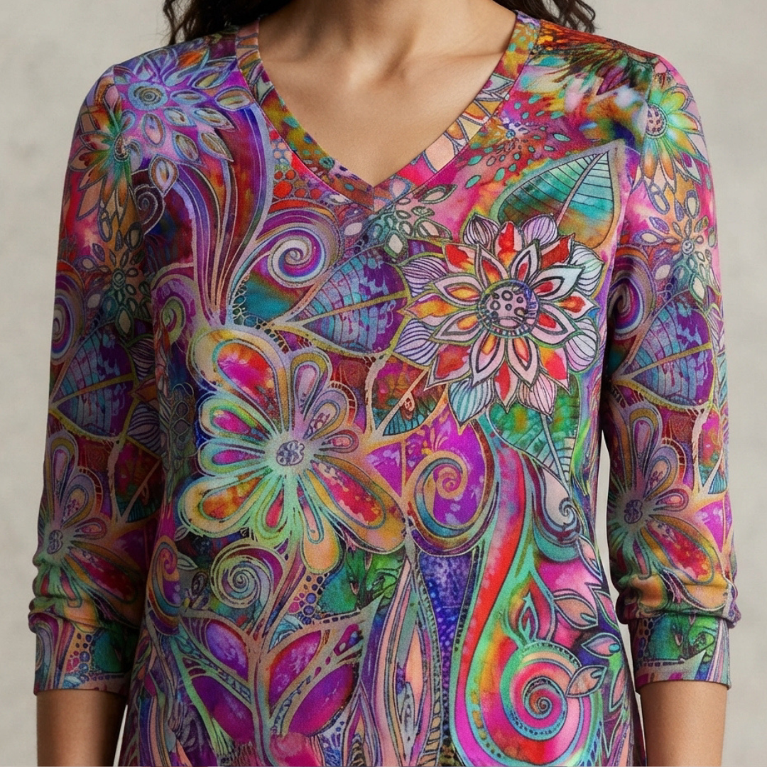Blusa feminina com decote em V, caimento relaxado, manga curta, estampa floral, barra com fenda lateral