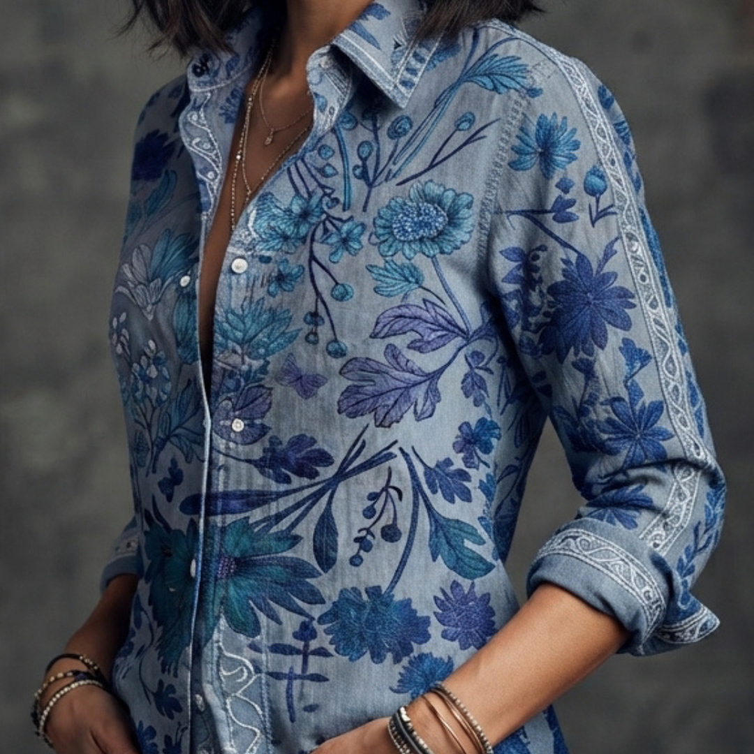 Blusa feminina com gola banda e decote em V, abertura parcial de botões, mangas bufantes curtas com punhos franzidos, estampa floral, caimento