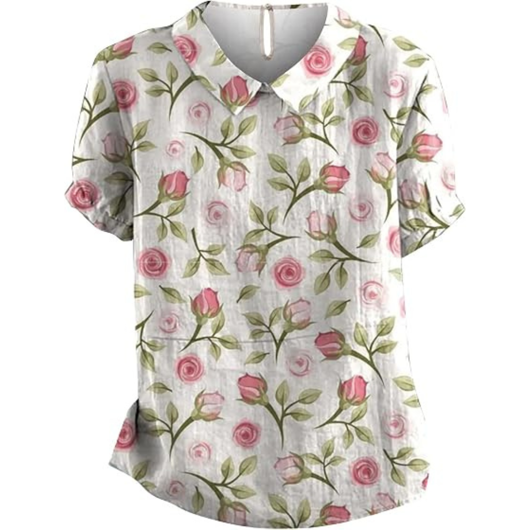 Blusa feminina com gola em V recortada, mangas curtas, caimento folgado, estampa