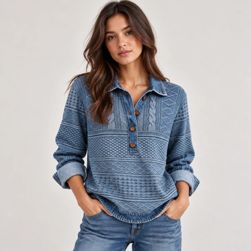 Blusa feminina com gola estilo camisa e punhos contrastantes, manga longa, abertura parcial de botões