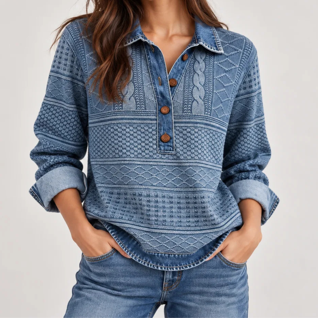 Blusa feminina com gola estilo camisa e punhos contrastantes, manga longa, abertura parcial de botões