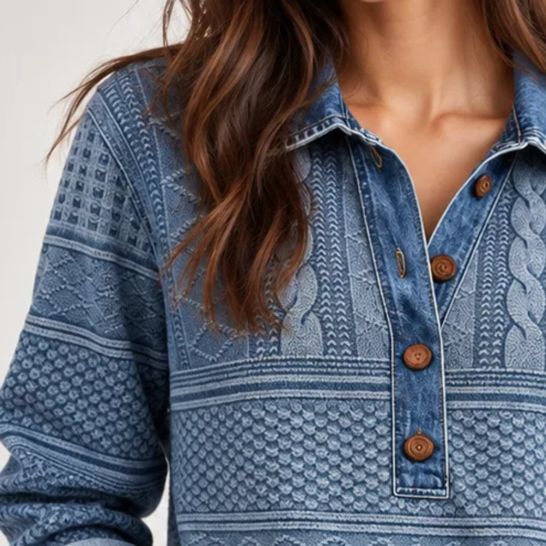 Blusa feminina com gola estilo camisa e punhos contrastantes, manga longa, abertura parcial de botões