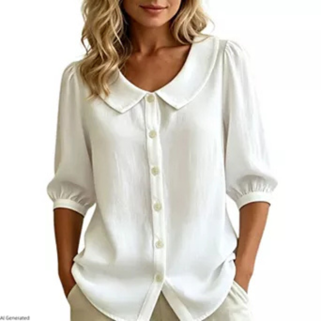 Blusa feminina com gola Peter Pan e fechamento frontal por botões - mangas bufantes 3/4, caimento relaxado