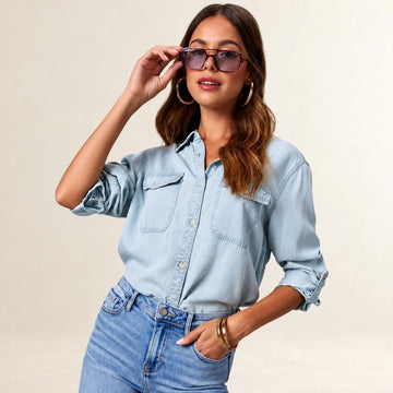 Blusa feminina de botões com bolsos no peito e mangas com abas de passar - corte relaxado