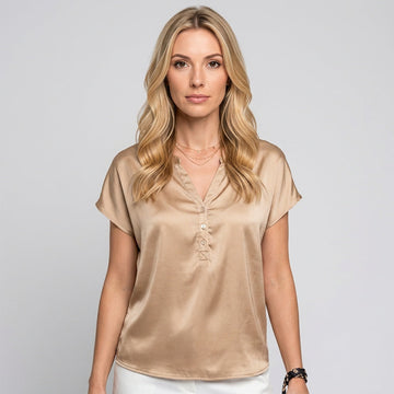 Blusa feminina de manga curta com decote V e botão frontal