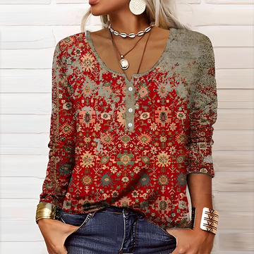 Blusa feminina de manga longa com decote Henley e estampa floral
