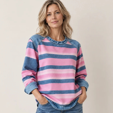 Blusa feminina de manga longa com raglan e gola redonda com acabamento contrastante nos ombros e na barra - caimento relaxado