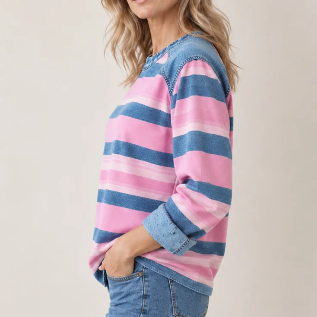 Blusa feminina de manga longa com raglan e gola redonda com acabamento contrastante nos ombros e na barra - caimento relaxado