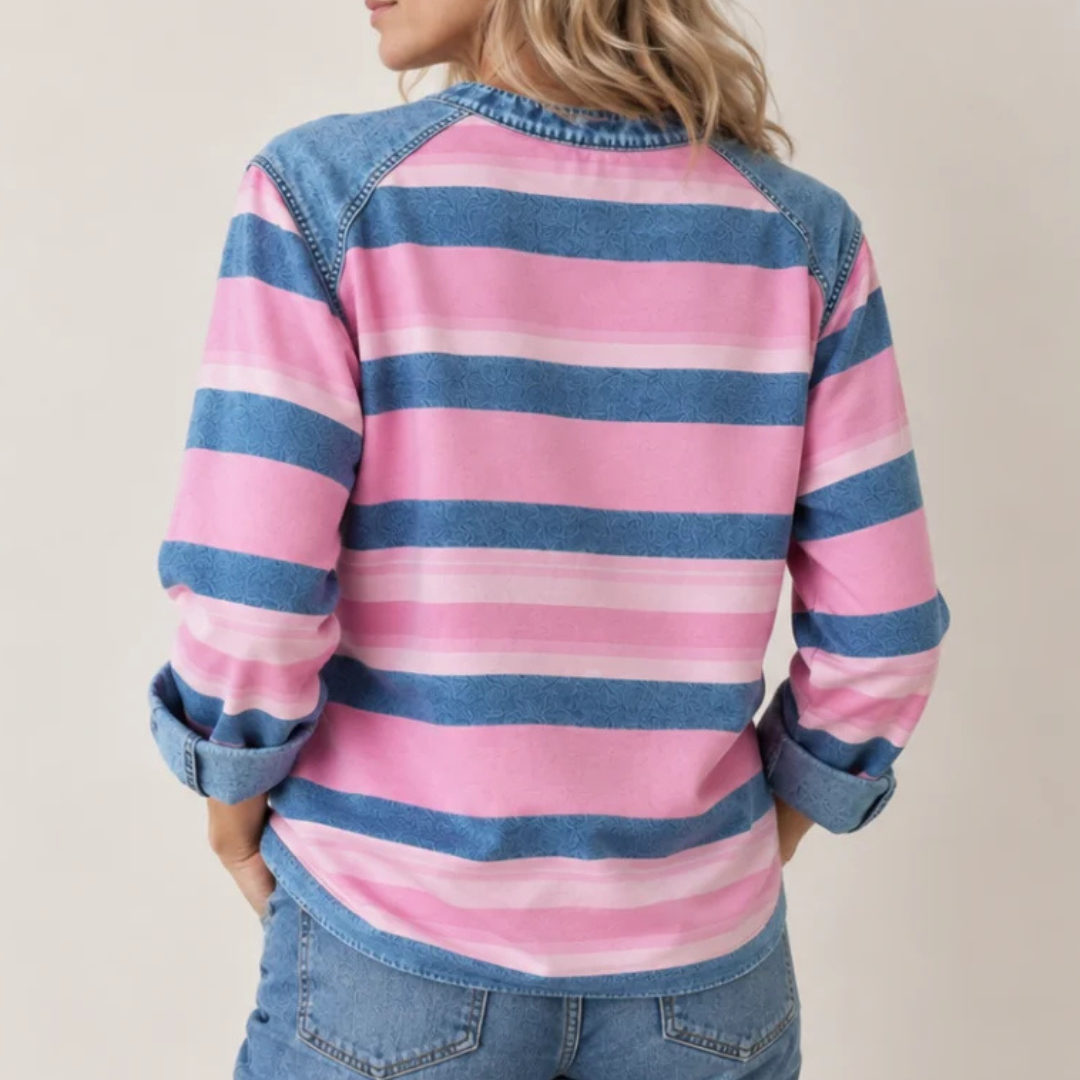 Blusa feminina de manga longa com raglan e gola redonda com acabamento contrastante nos ombros e na barra - caimento relaxado
