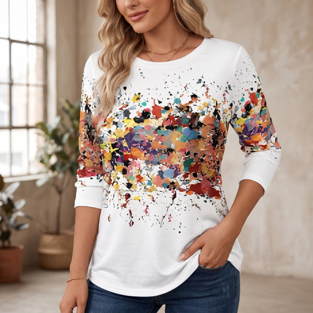 Blusa feminina de mangas longas com decote redondo – estampa abstrata de respingos