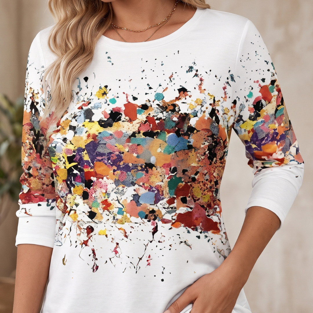 Blusa feminina de mangas longas com decote redondo – estampa abstrata de respingos