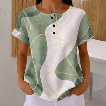 Blusa feminina - Henley de manga curta com abertura de 3 botões, gola redonda, caimento reto, estampa colorblock abstrata