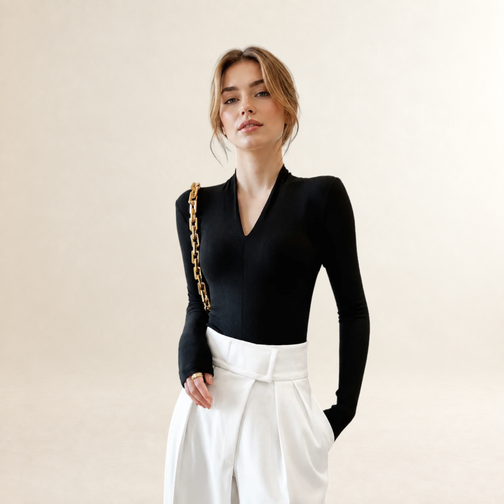 Blusa feminina manga longa com decote V ajuste regular silhueta slim