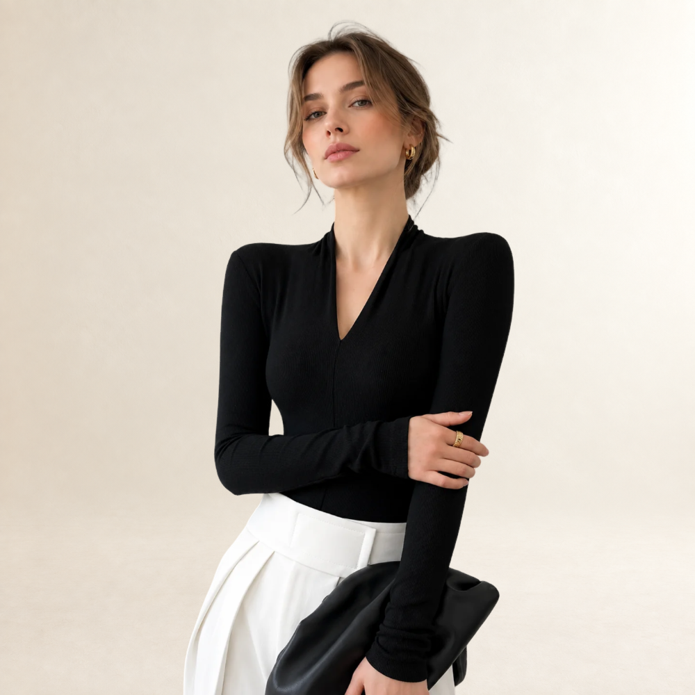 Blusa feminina manga longa com decote V ajuste regular silhueta slim