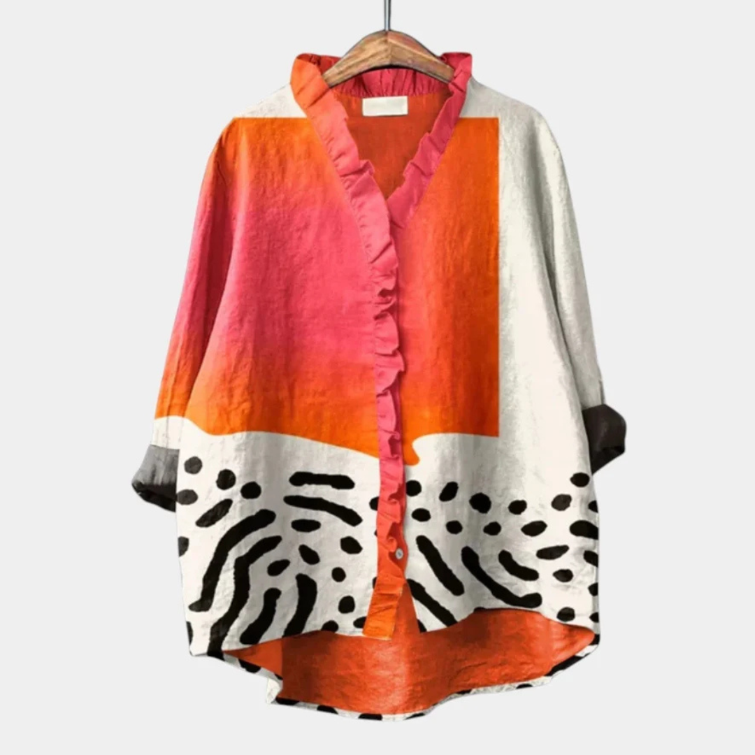 Blusa — Mulher com decote em V com ruffles e abertura frontal de botões