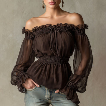 Blusa ombro a ombro feminina com babados e cintura franzida