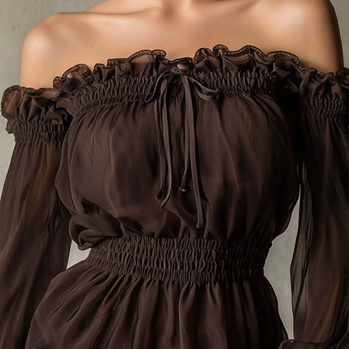Blusa ombro a ombro feminina com babados e cintura franzida