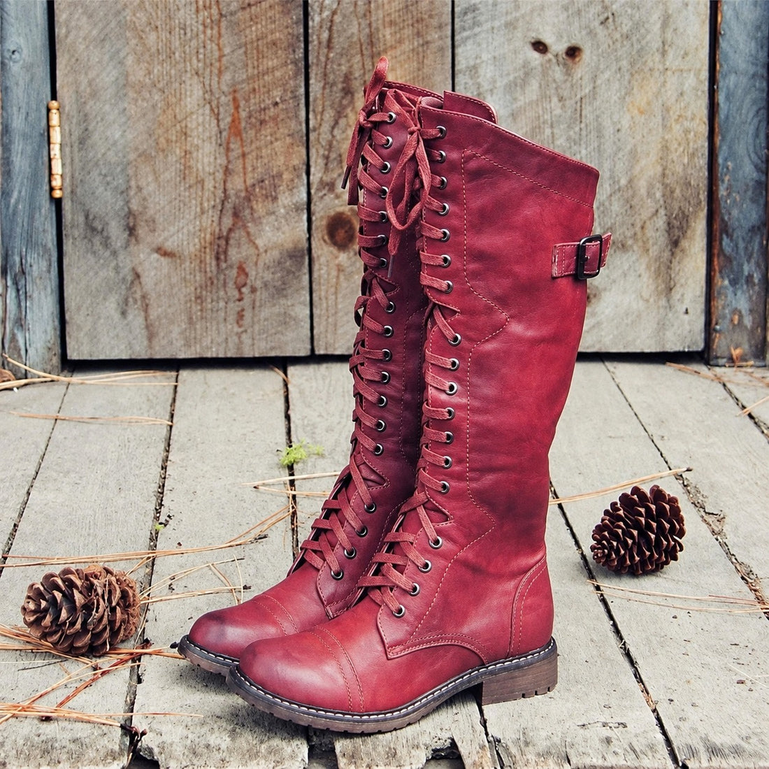 Bota de cano alto com cadarço para mulher estilo cavaleiro ajuste regulável