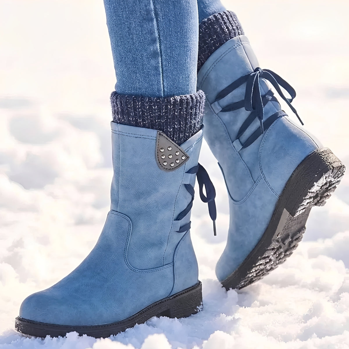 Bota feminina de cano médio com cadarço, detalhes com tachas e punho aquecido