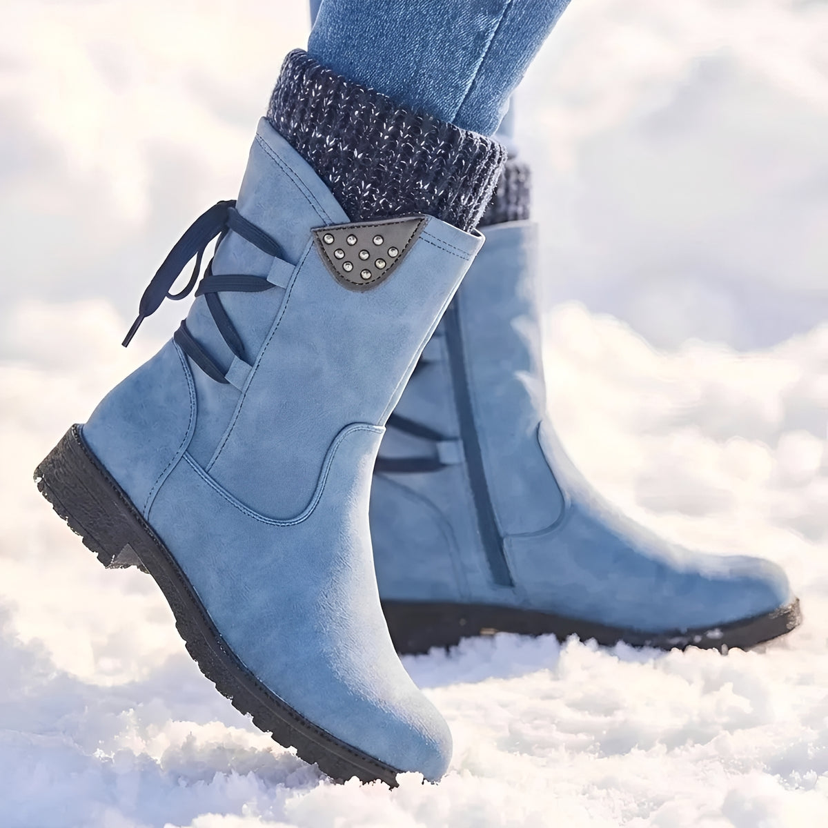 Bota feminina de cano médio com cadarço, detalhes com tachas e punho aquecido