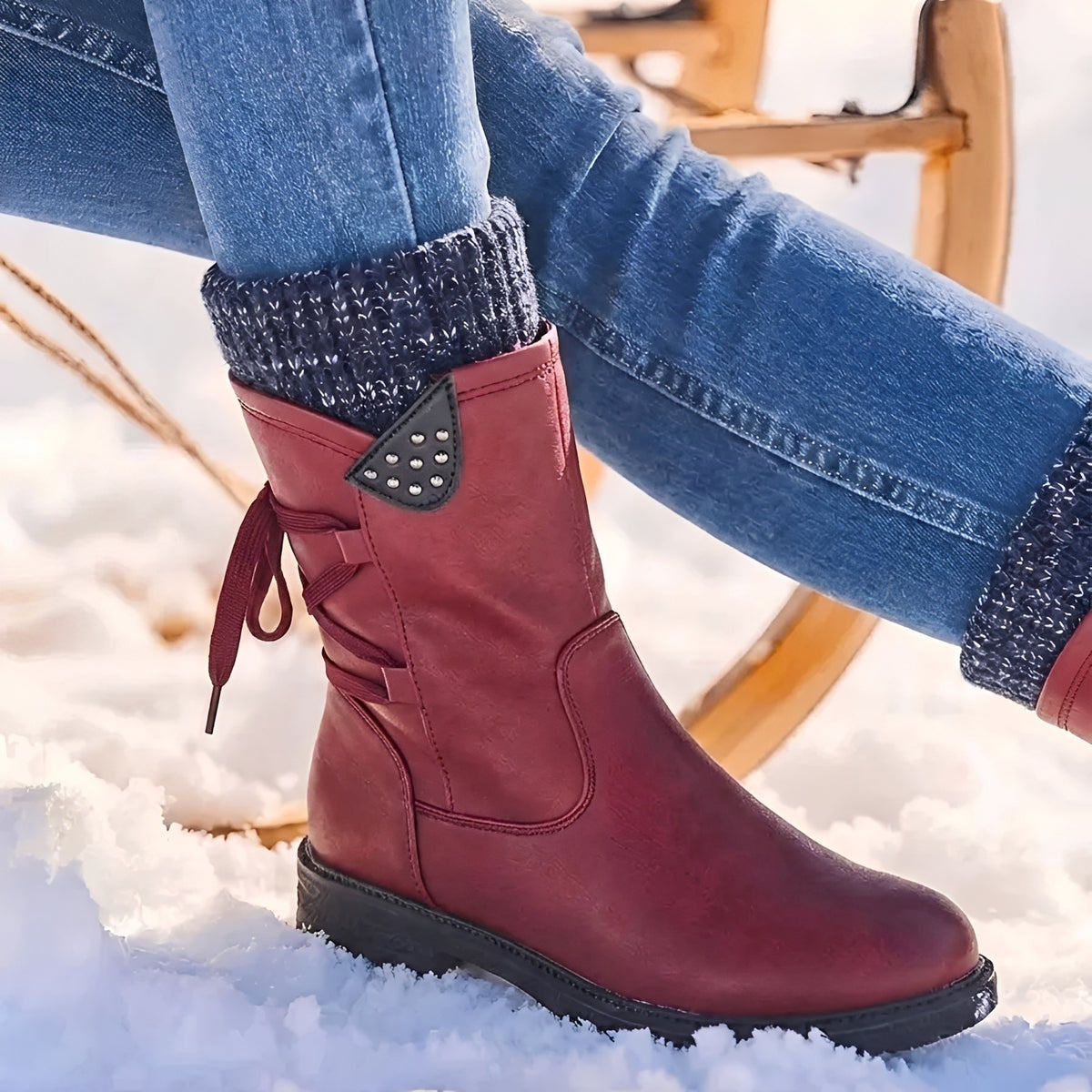 Bota feminina de cano médio com cadarço, detalhes com tachas e punho aquecido