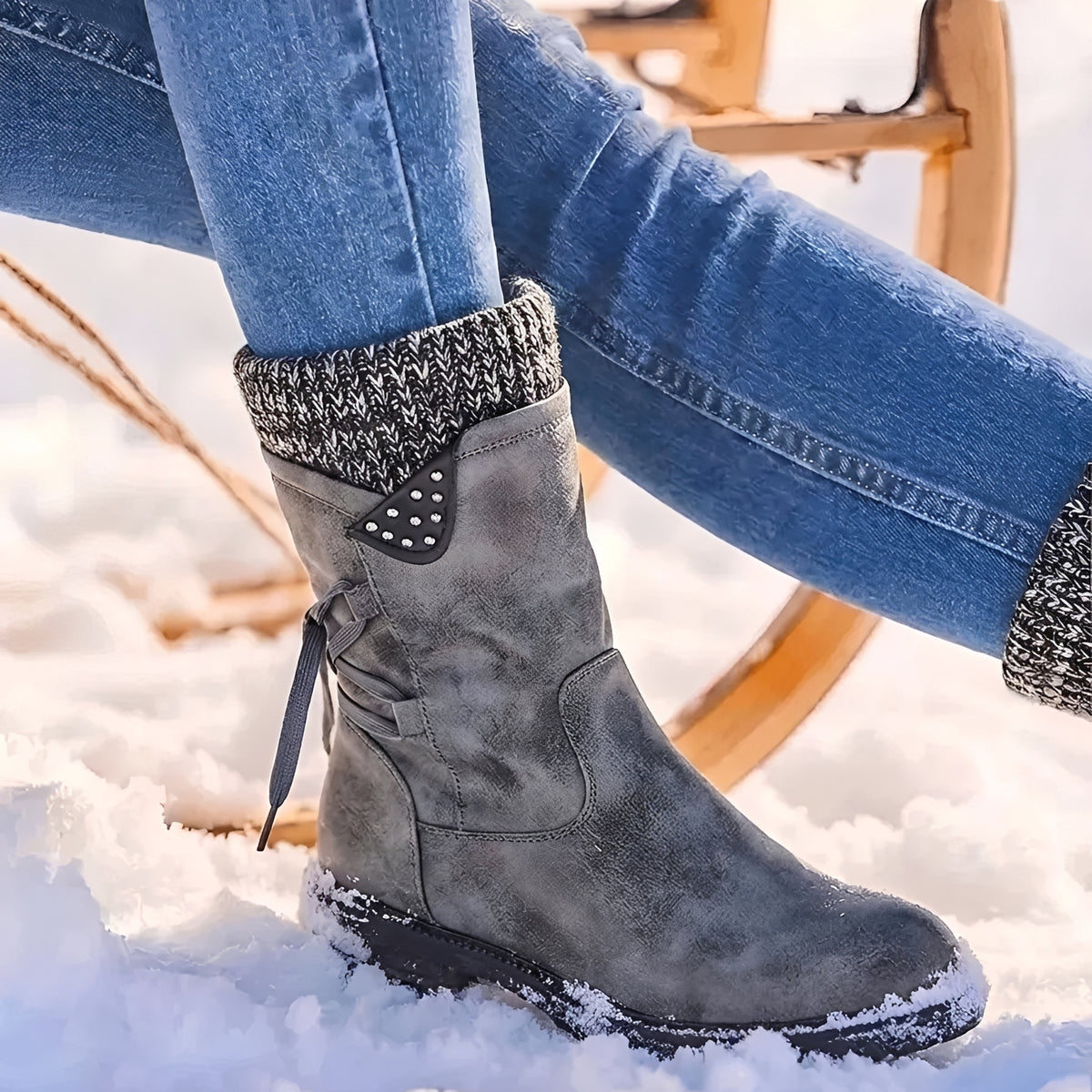 Bota feminina de cano médio com cadarço, detalhes com tachas e punho aquecido