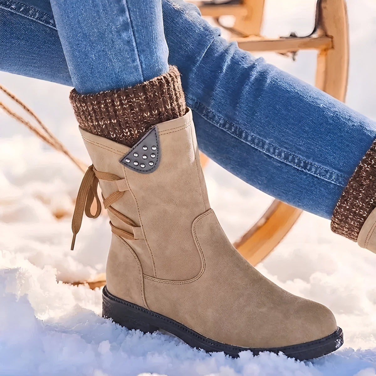 Bota feminina de cano médio com cadarço, detalhes com tachas e punho aquecido