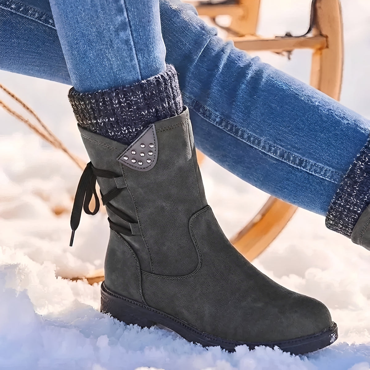 Bota feminina de cano médio com cadarço, detalhes com tachas e punho aquecido