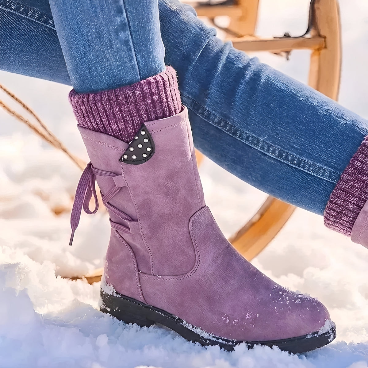 Bota feminina de cano médio com cadarço, detalhes com tachas e punho aquecido