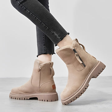 Bota feminina de inverno com sola chunky, forro quente, zíper e altura no tornozelo
