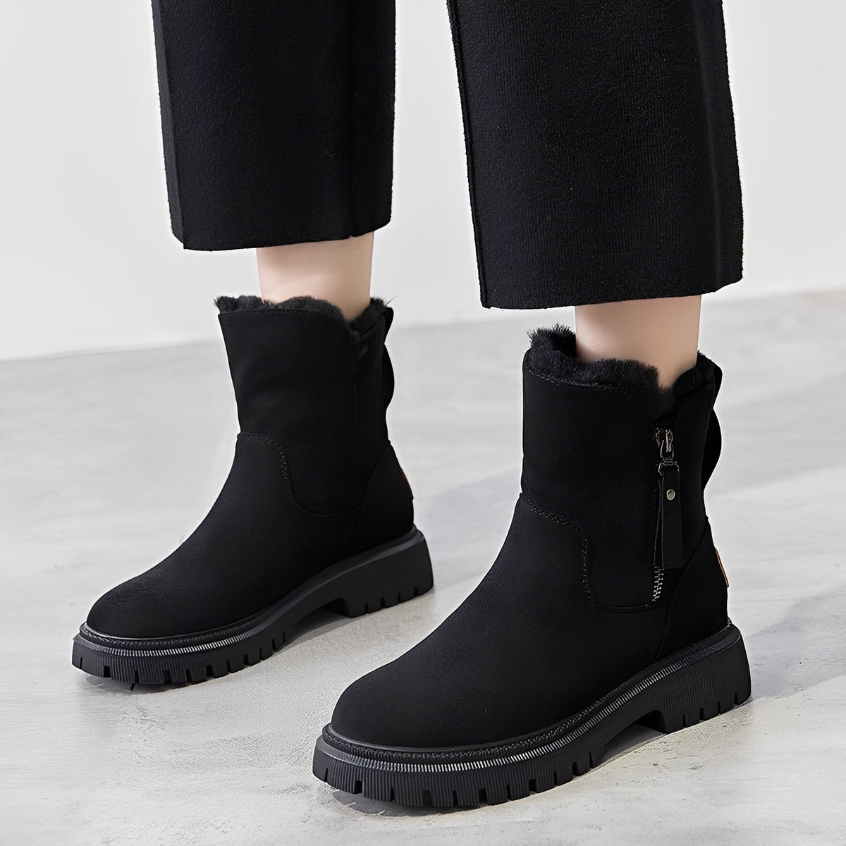 Bota feminina de inverno com sola chunky, forro quente, zíper e altura no tornozelo
