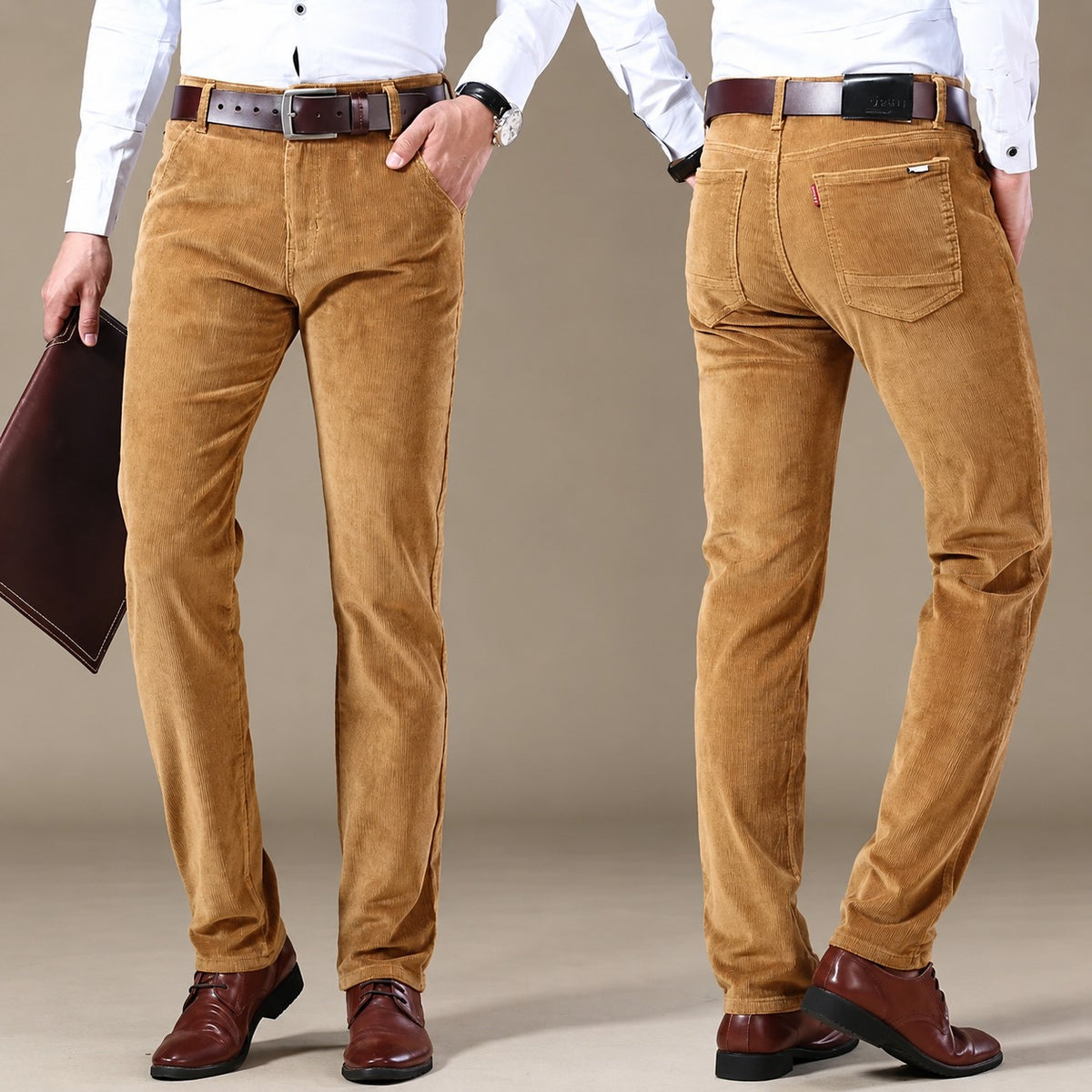 Calça casual masculina de corte reto com cinco bolsos e caimento moderno