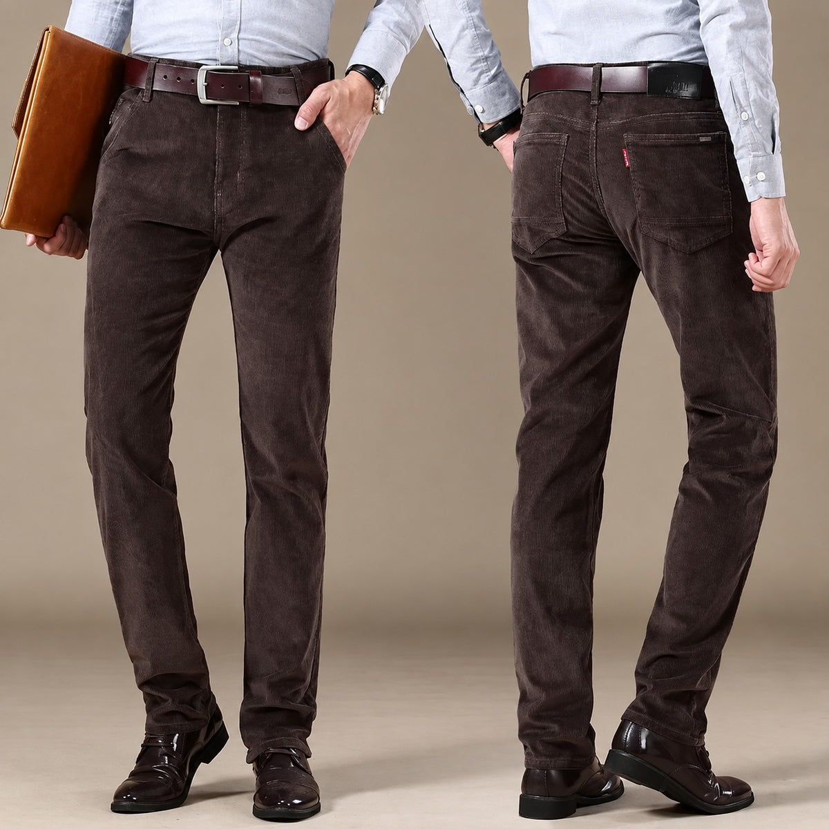 Calça casual masculina de corte reto com cinco bolsos e caimento moderno