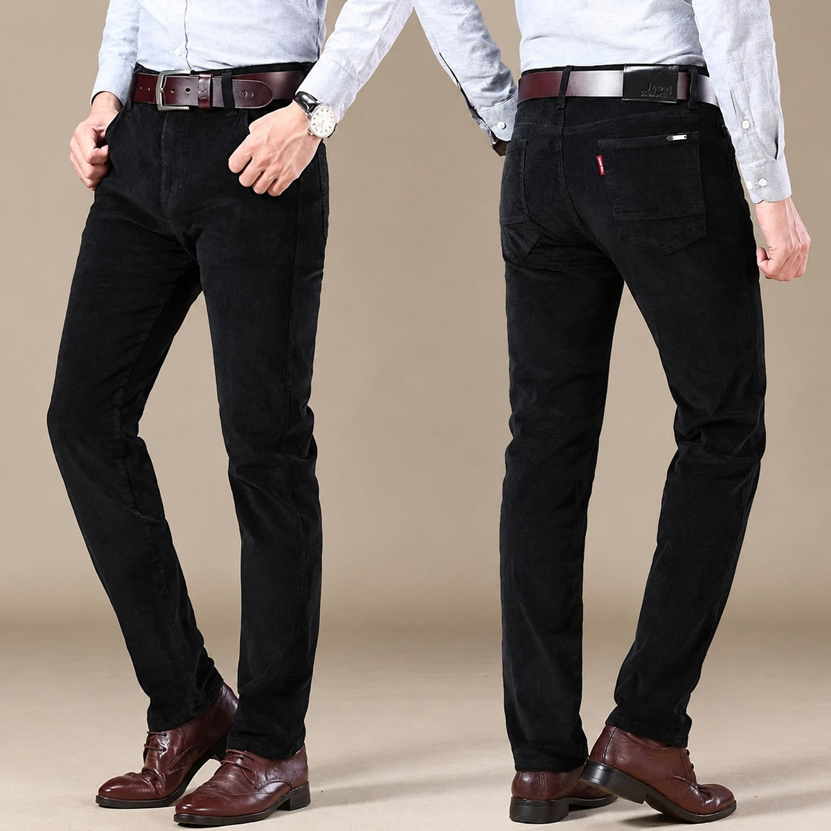 Calça casual masculina de corte reto com cinco bolsos e caimento moderno
