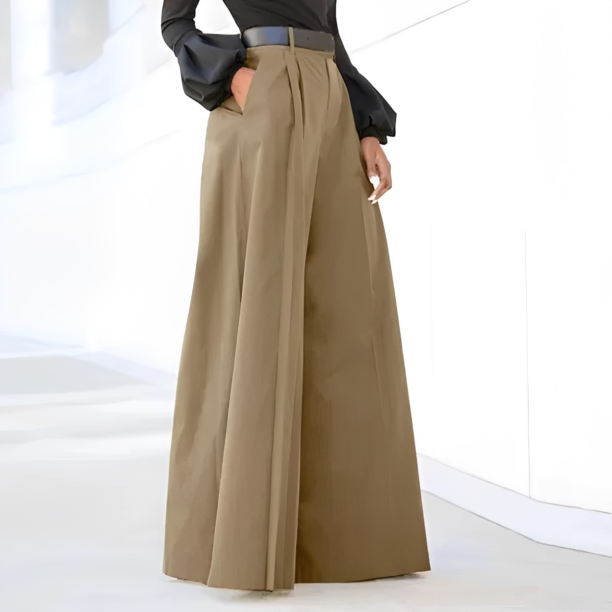 Calça feminina pantalona de cintura alta com pregas e bolsos