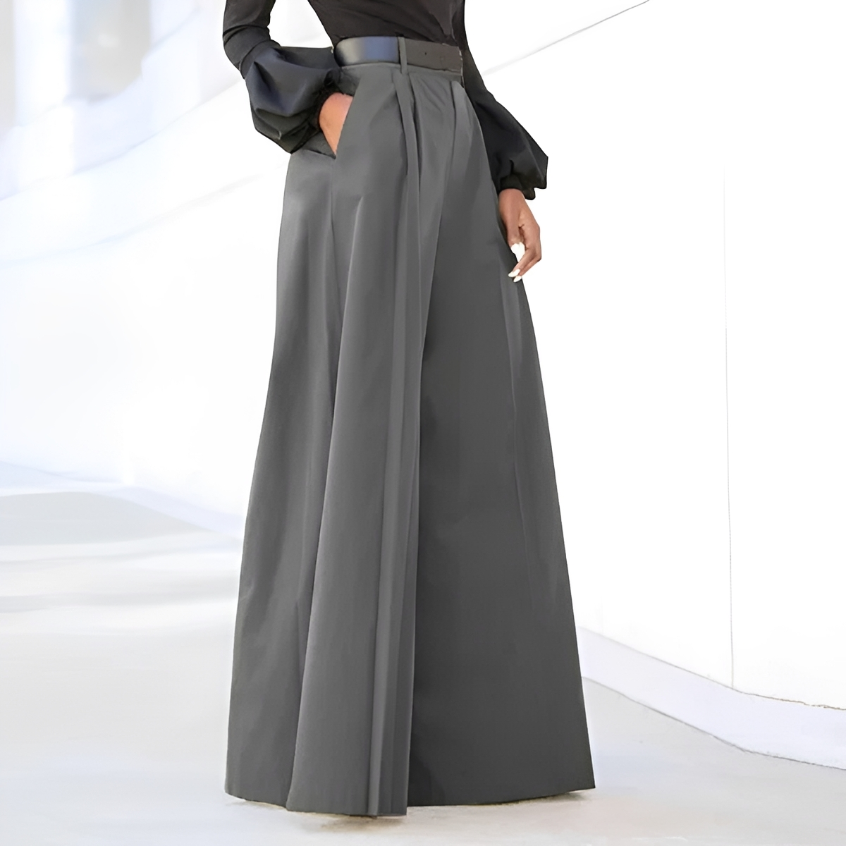 Calça feminina pantalona de cintura alta com pregas e bolsos