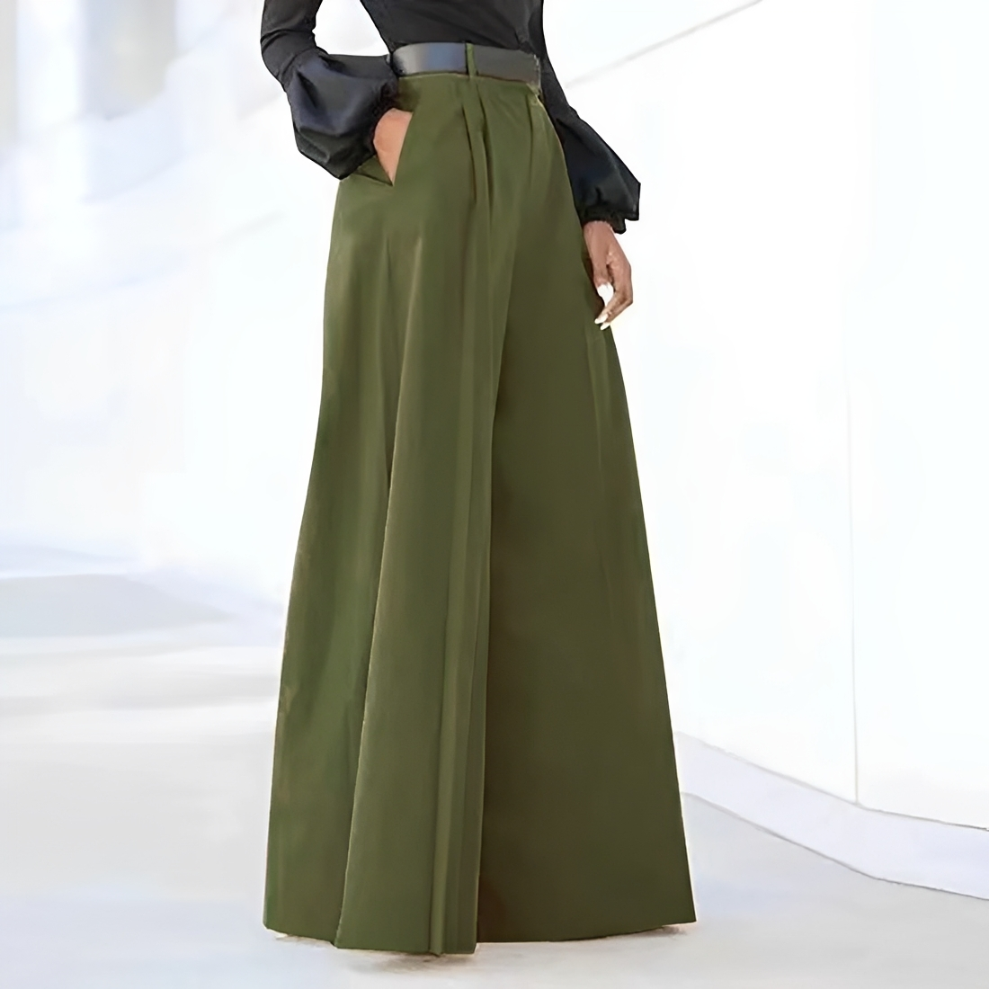 Calça feminina pantalona de cintura alta com pregas e bolsos