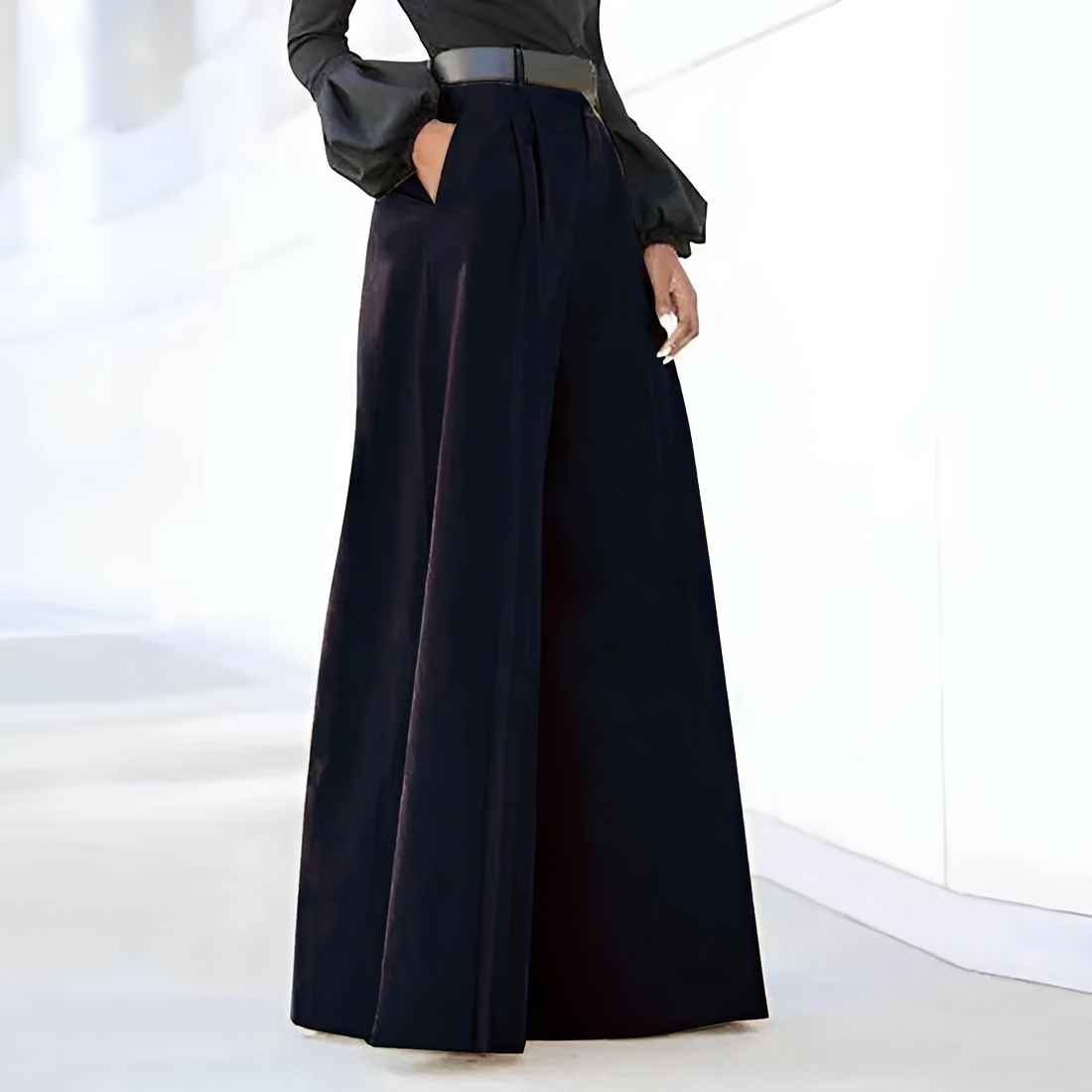 Calça feminina pantalona de cintura alta com pregas e bolsos