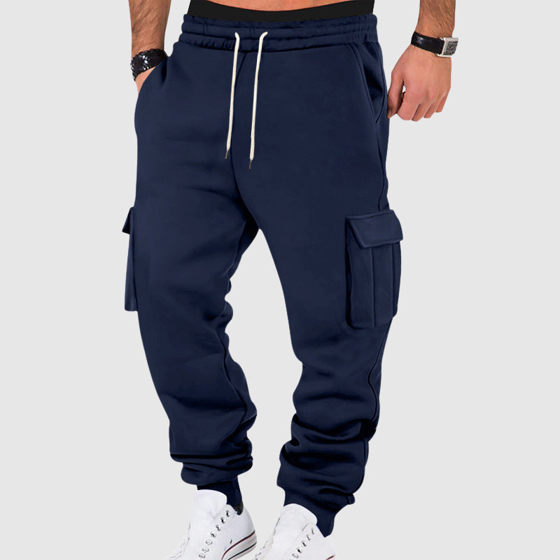 Calças cargo masculinas com bolsos laterais e cós com cordão - ajuste relaxado