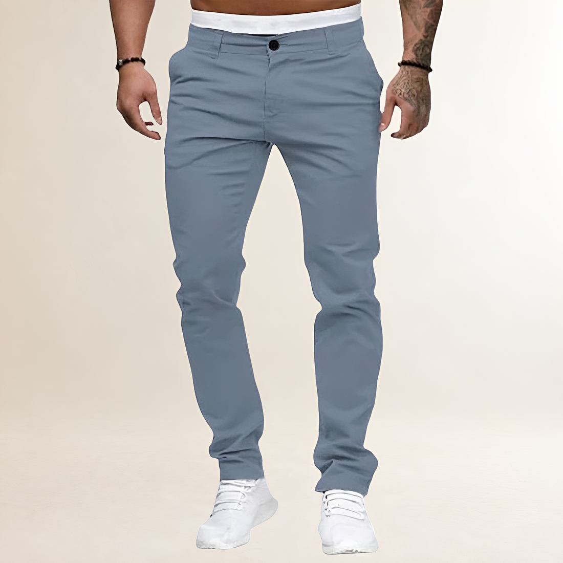 Calças casuais masculinas slim com zíper e bolsos inclinados
