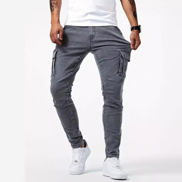 Calças jeans cargo masculinas slim tapered com bolsos cargo laterais - estilo utilitário com prega no joelho