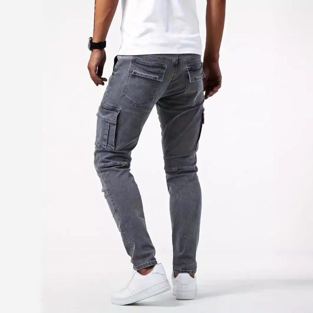 Calças jeans cargo masculinas slim tapered com bolsos cargo laterais - estilo utilitário com prega no joelho