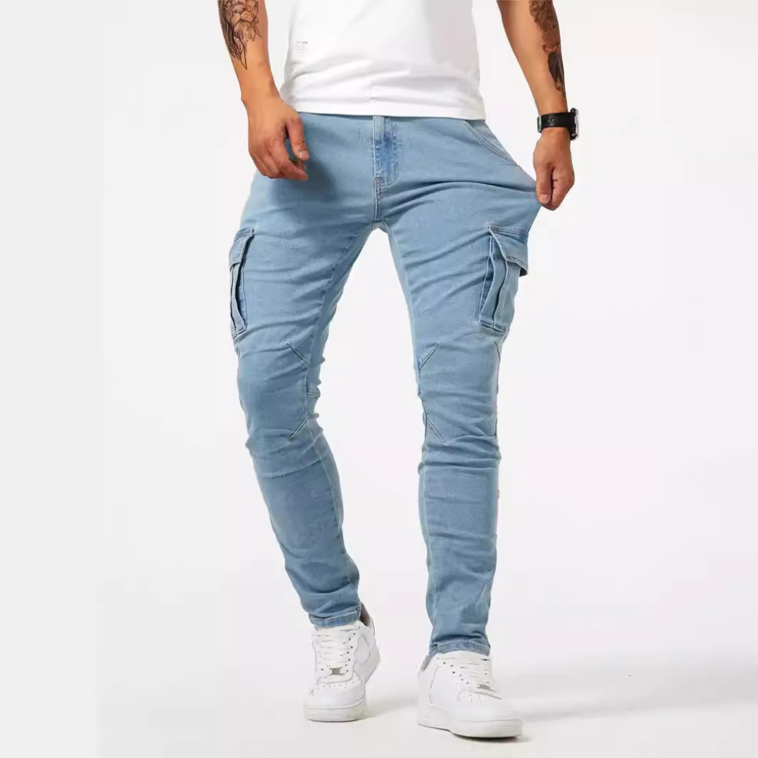 Calças jeans cargo masculinas slim tapered com bolsos cargo laterais - estilo utilitário com prega no joelho