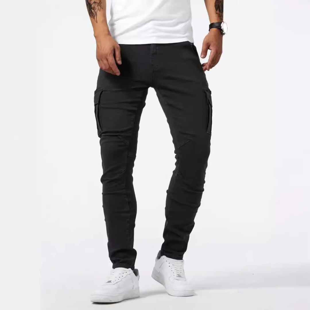 Calças jeans cargo masculinas slim tapered com bolsos cargo laterais - estilo utilitário com prega no joelho