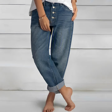 Calças jeans femininas de cintura alta, corte folgado, fly de botões e punho dobrado