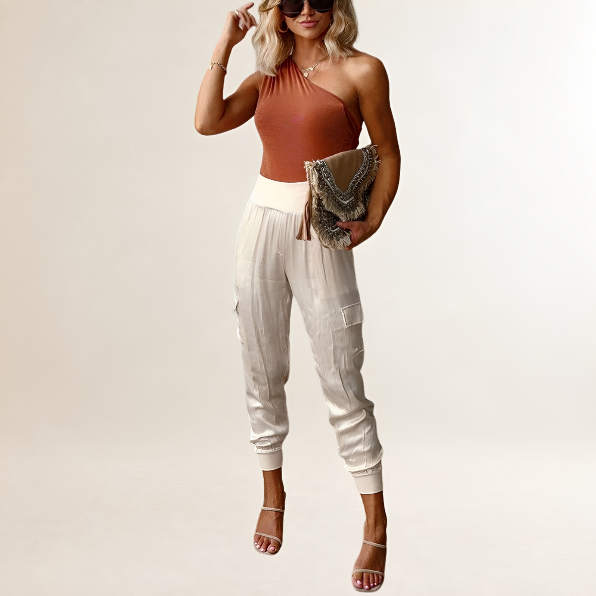 Calças jogger cargo cintura alta para mulheres com bolsos laterais e punhos elásticos